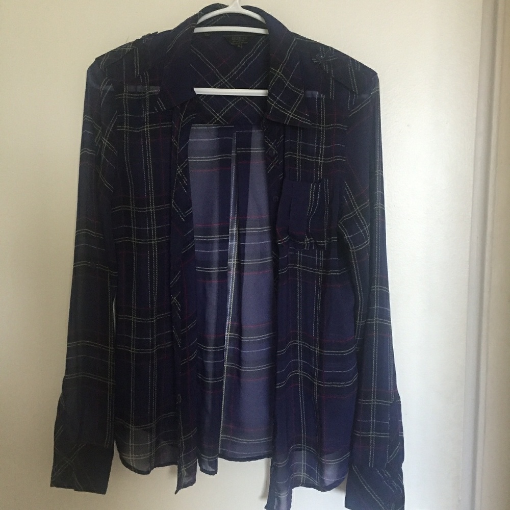 Guess Sheer Plaid Long Sleeve Blouse